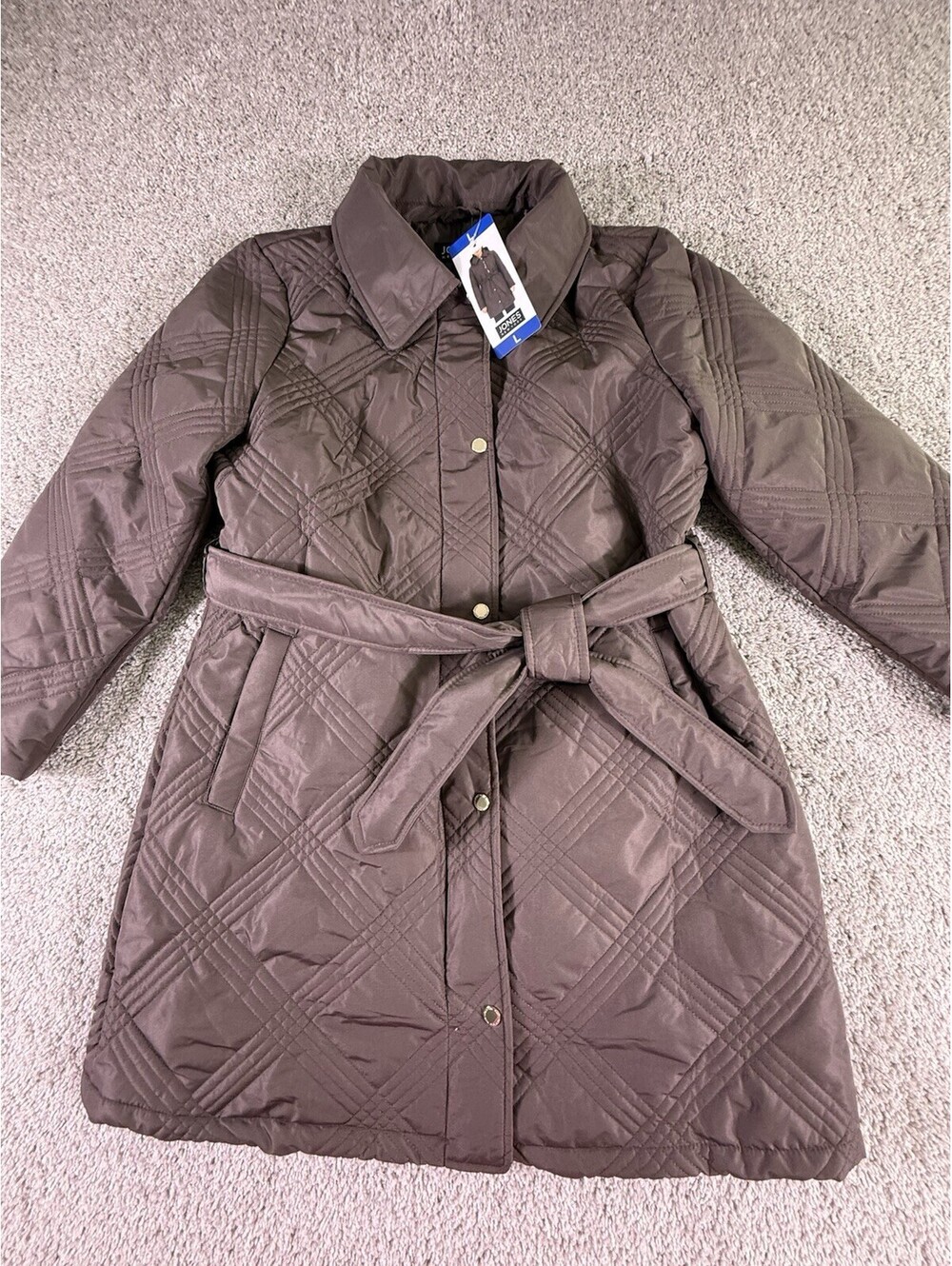 Jones New York Quilted Tie Belt Pockets Jacket, Brown, Size L No Hood